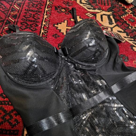 Secret Lace Black Sequins Sexy Bodysuit Sz M NWT - Picture 1 of 5